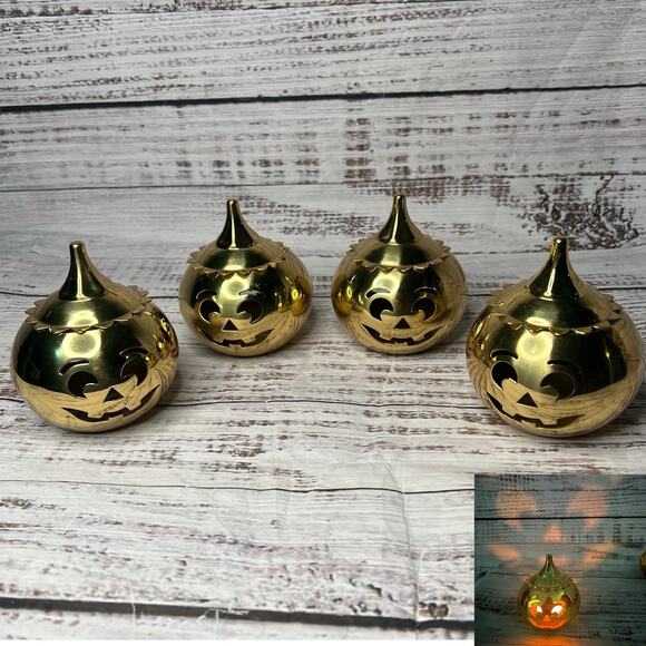Lot of 4 Party lite Pumpkin Votive Candle Holder Gold Halloween Jack-O-Lantern - Picture 1 of 12